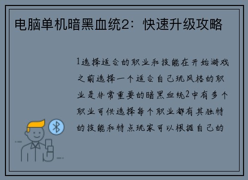 电脑单机暗黑血统2：快速升级攻略