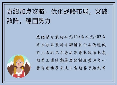 袁绍加点攻略：优化战略布局，突破敌阵，稳固势力