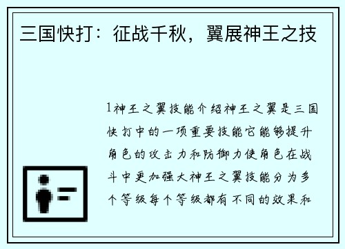 三国快打：征战千秋，翼展神王之技